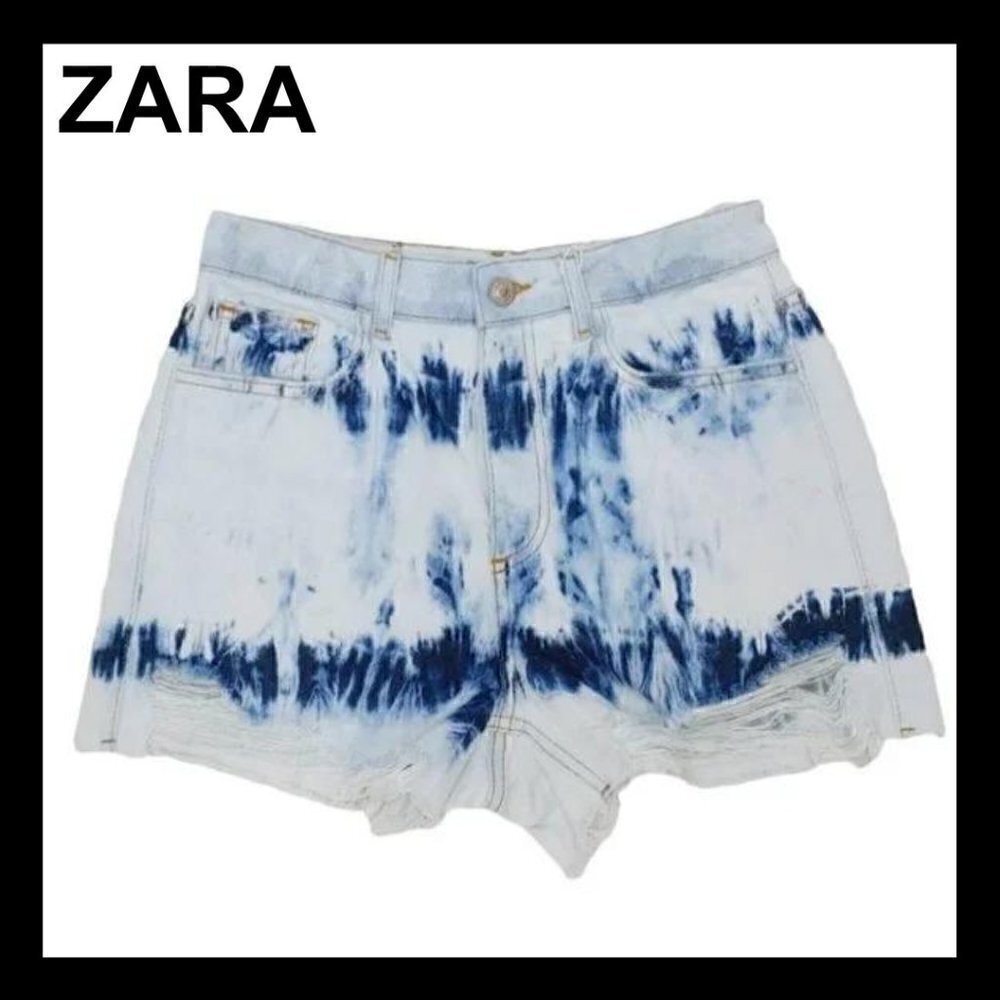 NWT ZARA Light Acid Wash Tie Dye Distressed High Waist Denim Shorts